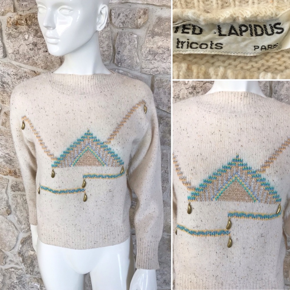 Vintage 1980s Ted Lapidus Wool and Angora Sweater Geometric Pattern Gold Charms